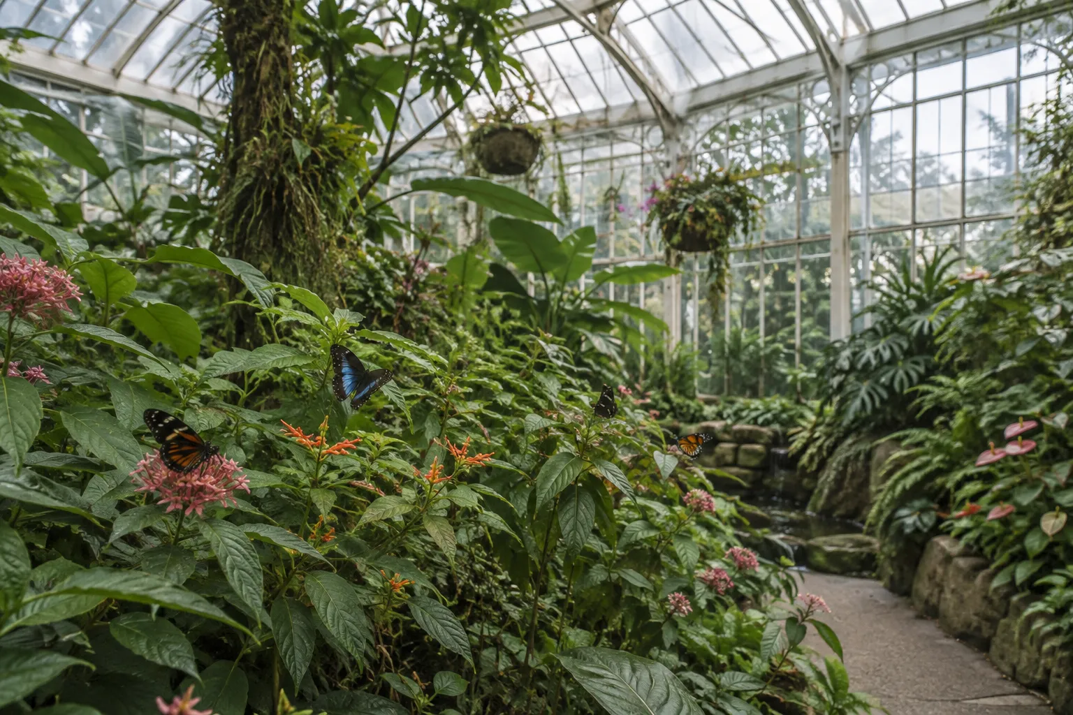 Butterflies flutter among tropical plants and flowers in a glass conservatory.