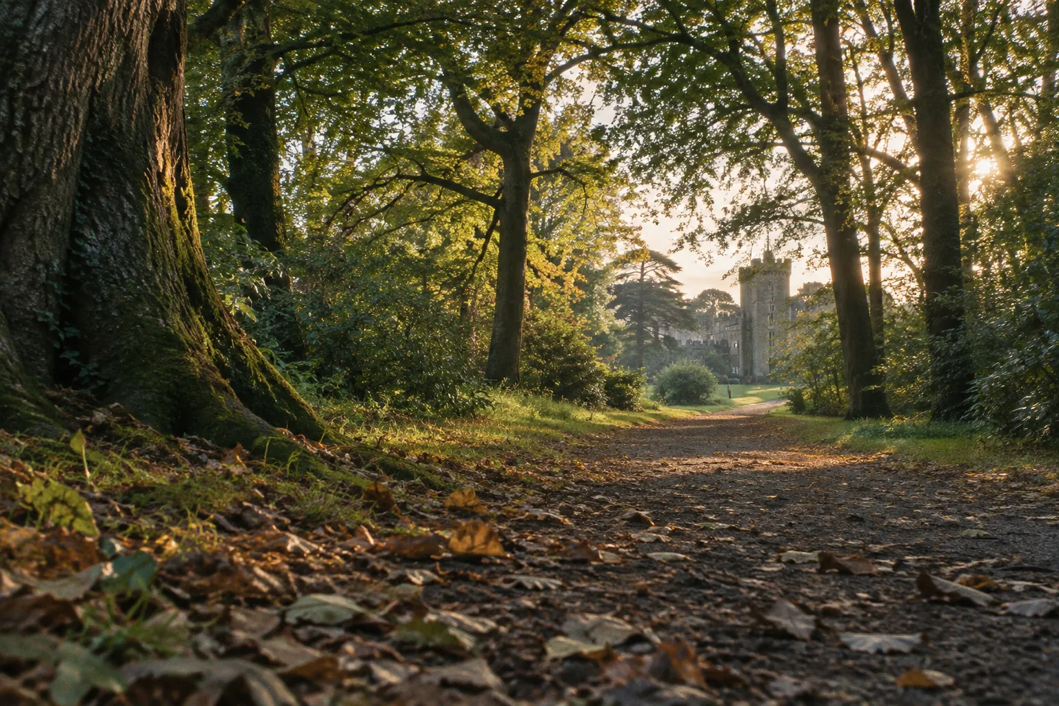 Malahide Castle stands beyond a leaf-strewn path in a wooded garden.