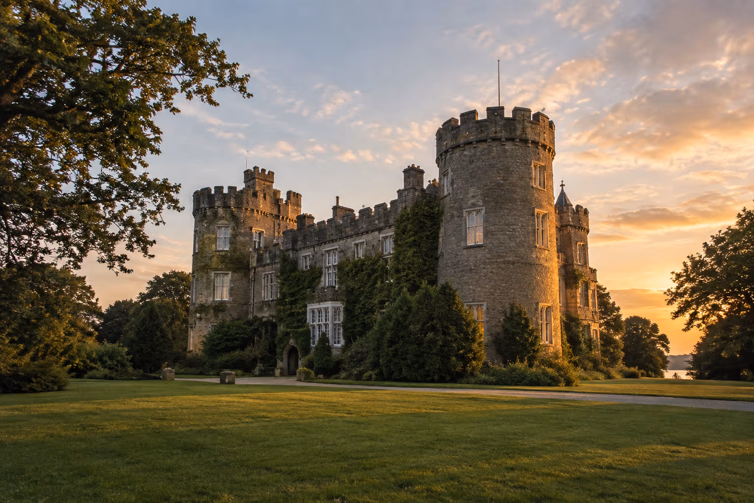 Malahide Castle stands amid green lawns and trees beneath a sunset sky.