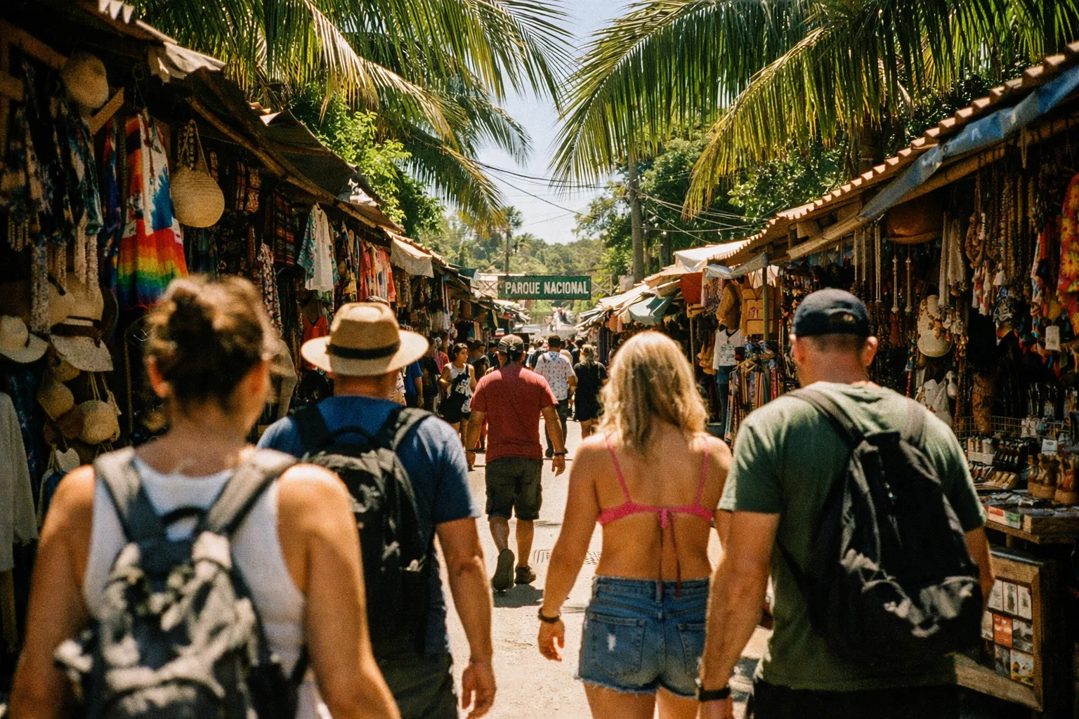 Tourists walk through a busy outdoor market near the entrance to Manuel Antonio National Park in Costa Rica.