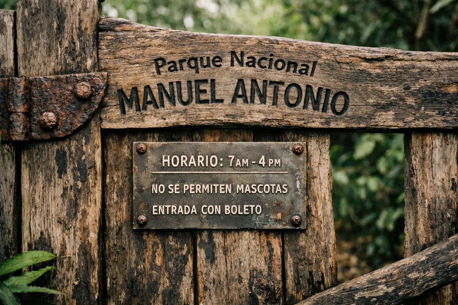 Entrance gate to Manuel Antonio National Park in a forest setting.