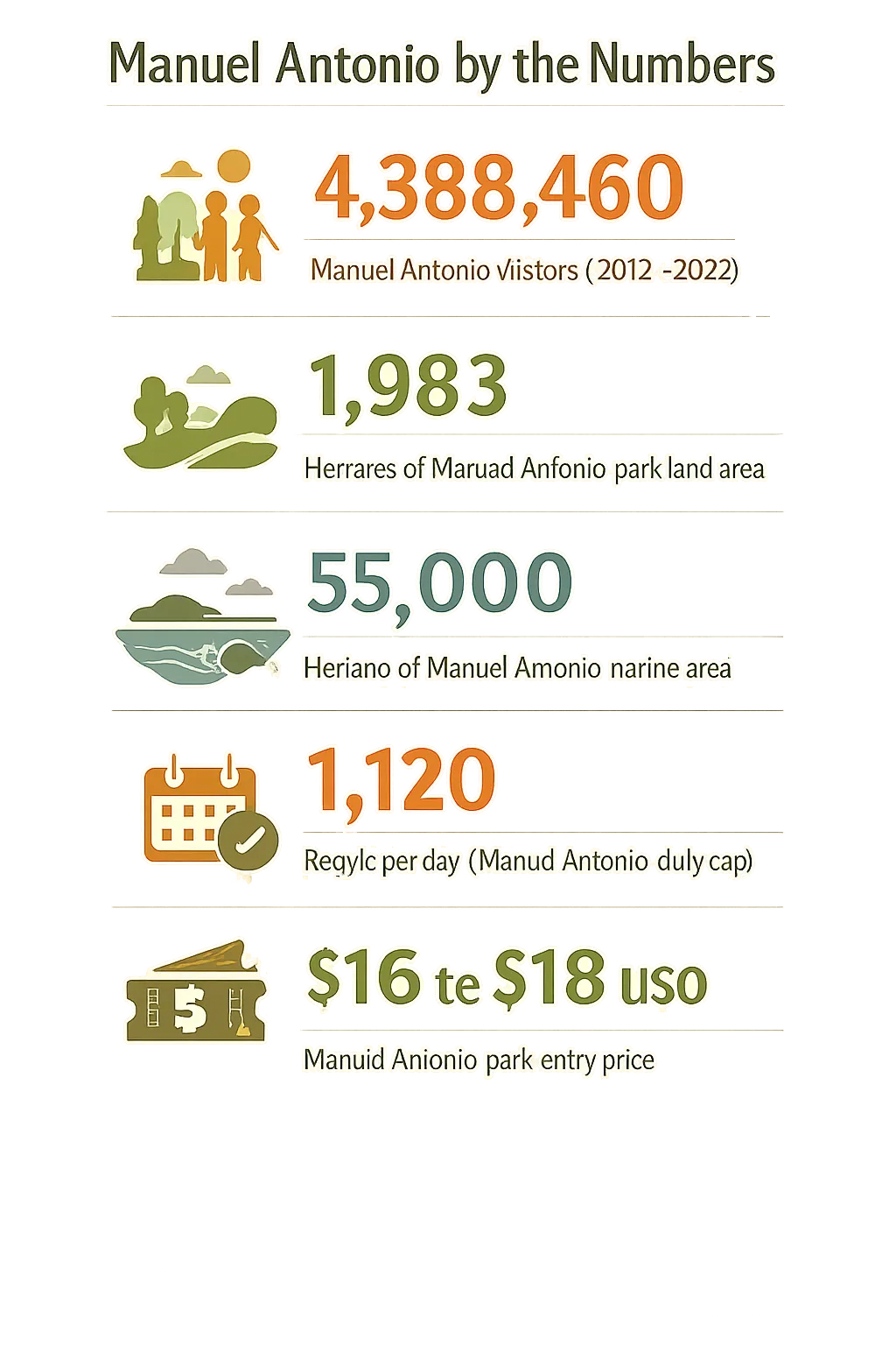Infographic with five data points about Manuel Antonio National Park, including visitor counts, park & marine area, daily