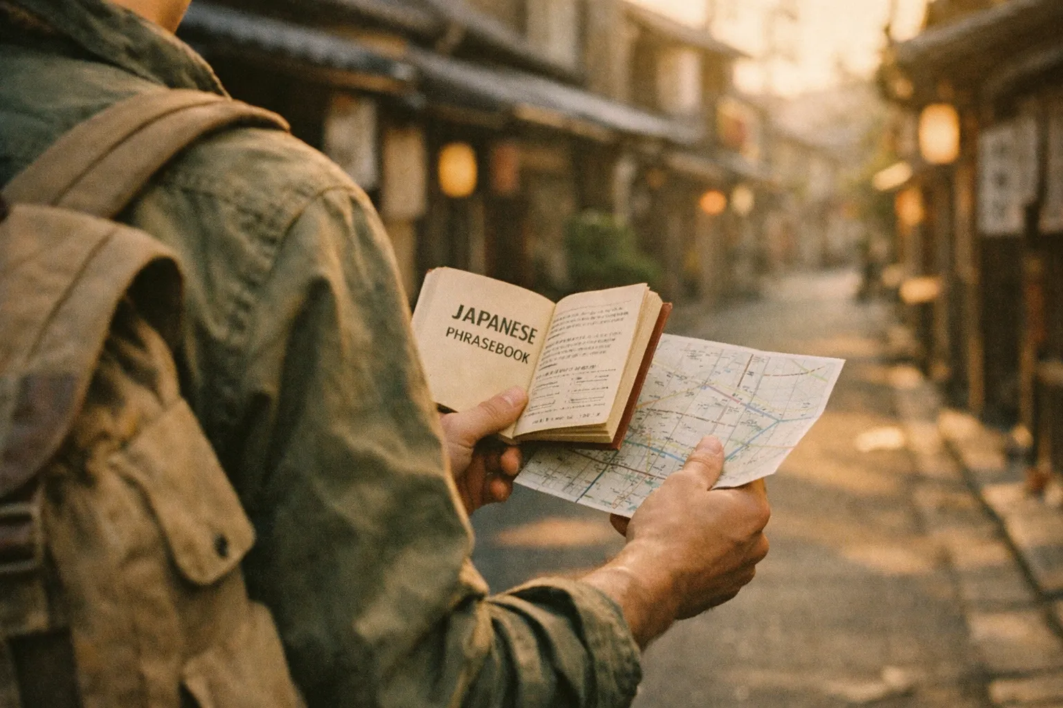 Traveler from behind studying a pocket phrasebook beside a quiet street in Japan at golden hour