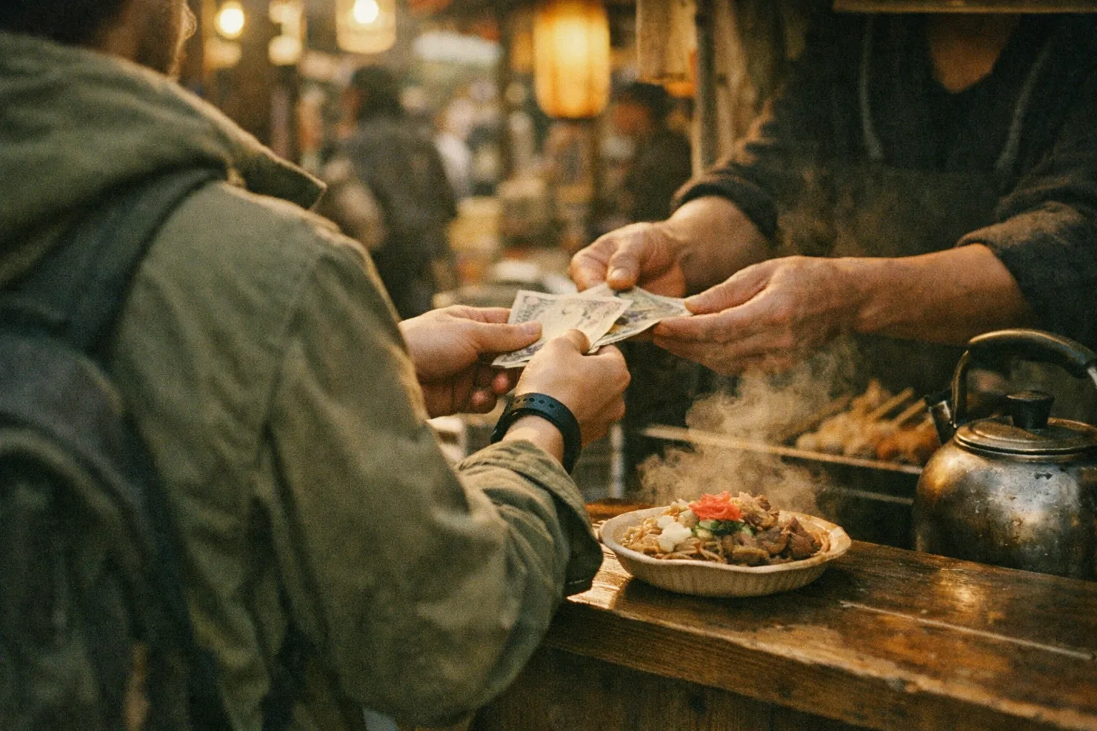 Hands at a street food stall in Japan during golden hour, selecting a dish