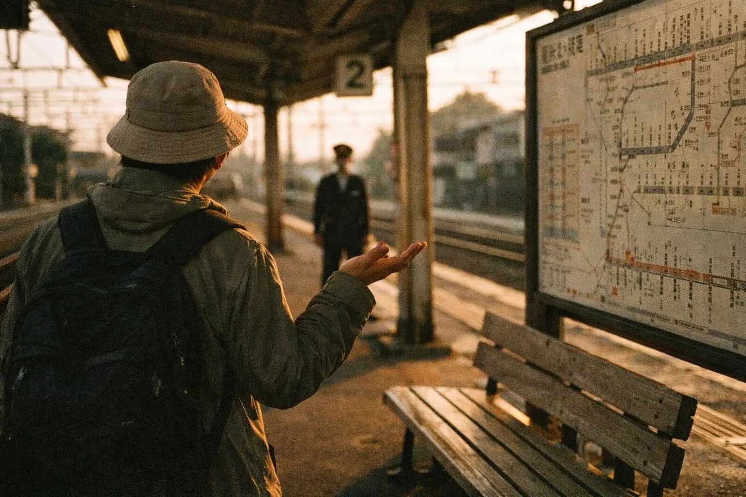 Traveler raising a hand in a questioning gesture beside a map at a quiet train platform at sunset