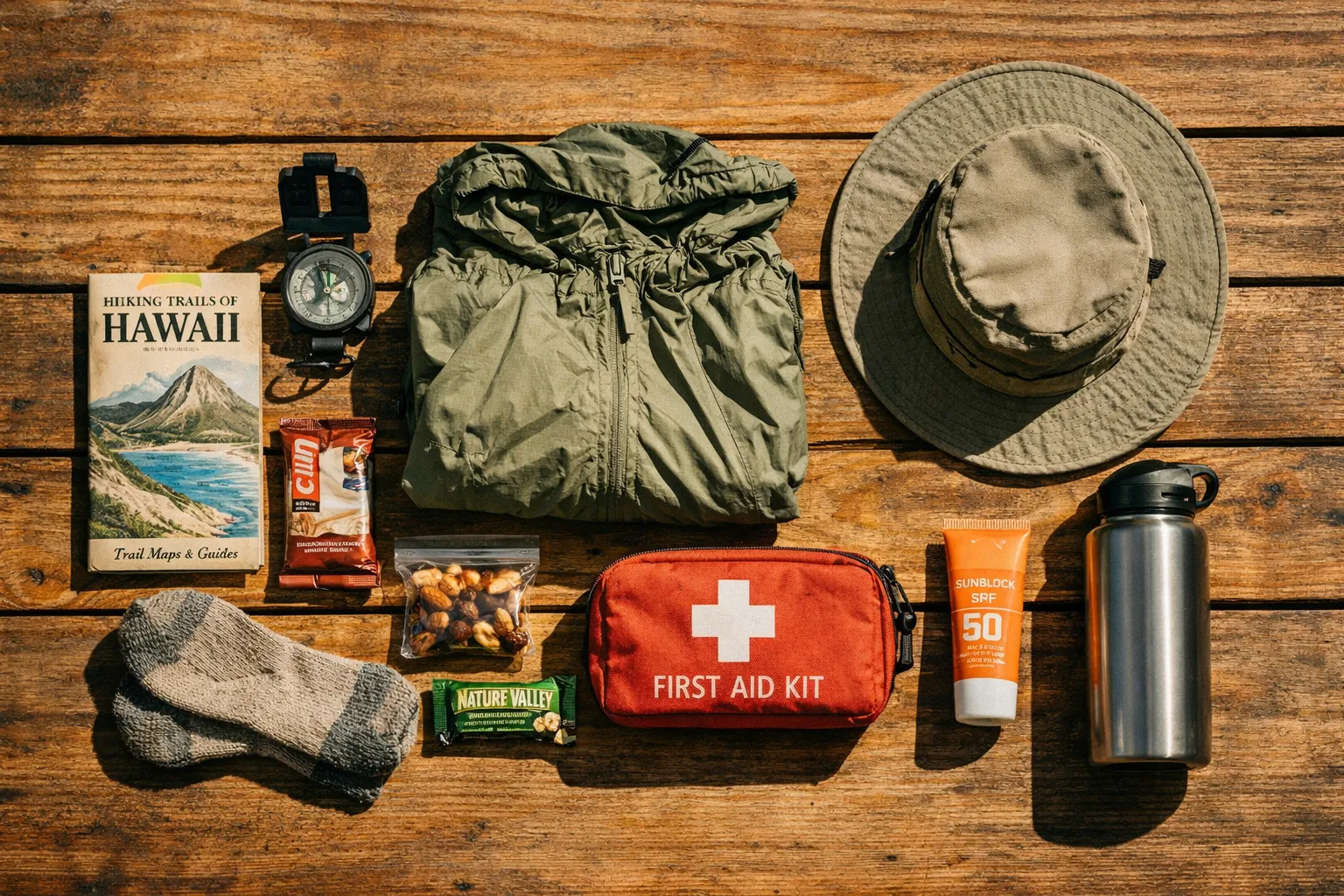 Hiking gear including a map of Hawaii trails, snacks, jacket, hat, and first aid kit arranged on a wooden surface.