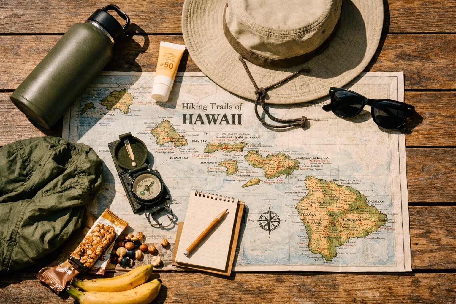 Map labeled 'Hiking Trails of Hawaii' surrounded by trail gear, snacks, and sunglasses on a wooden table.