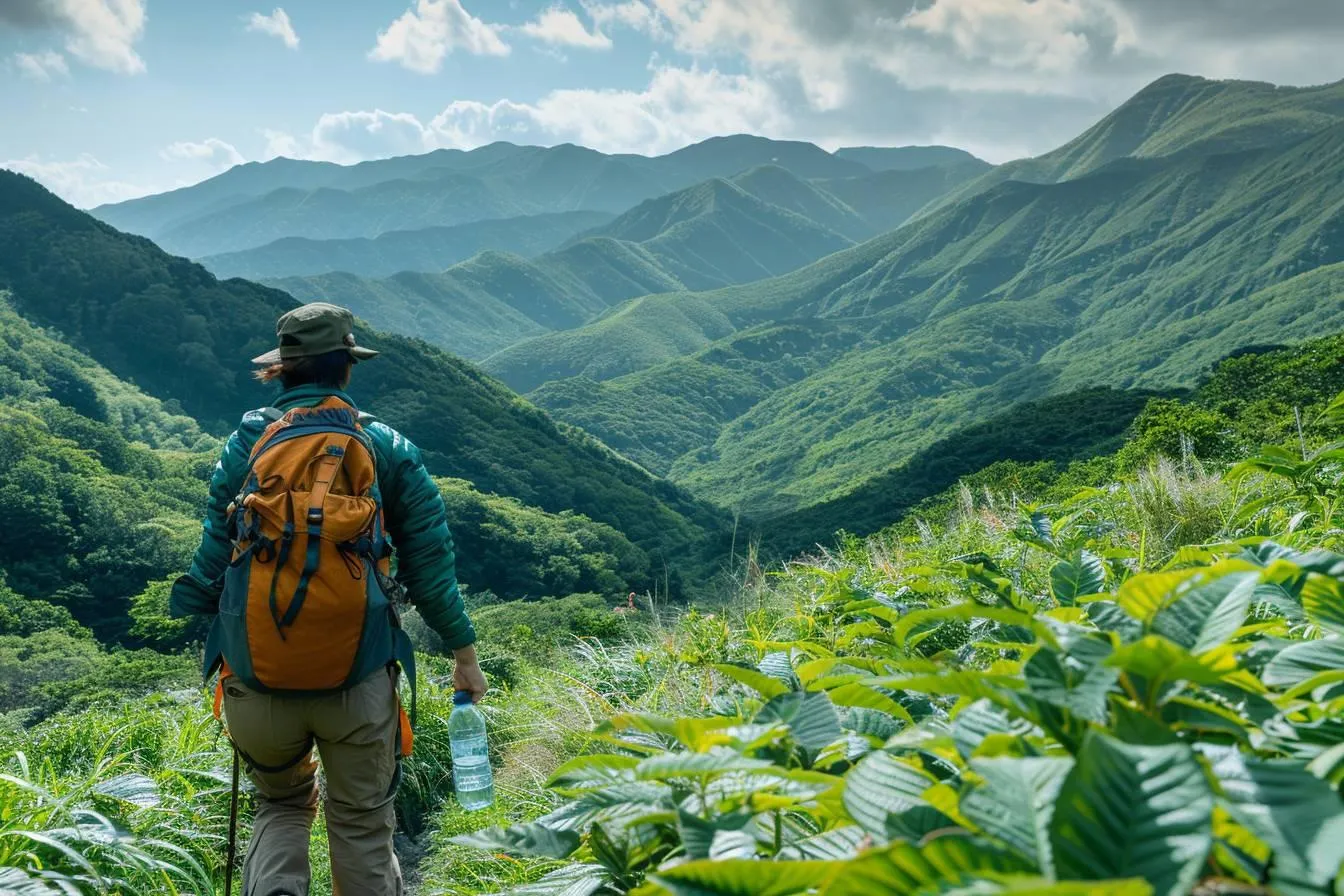 person with a backpack and water bottle hiking in green mountains with dense foliage