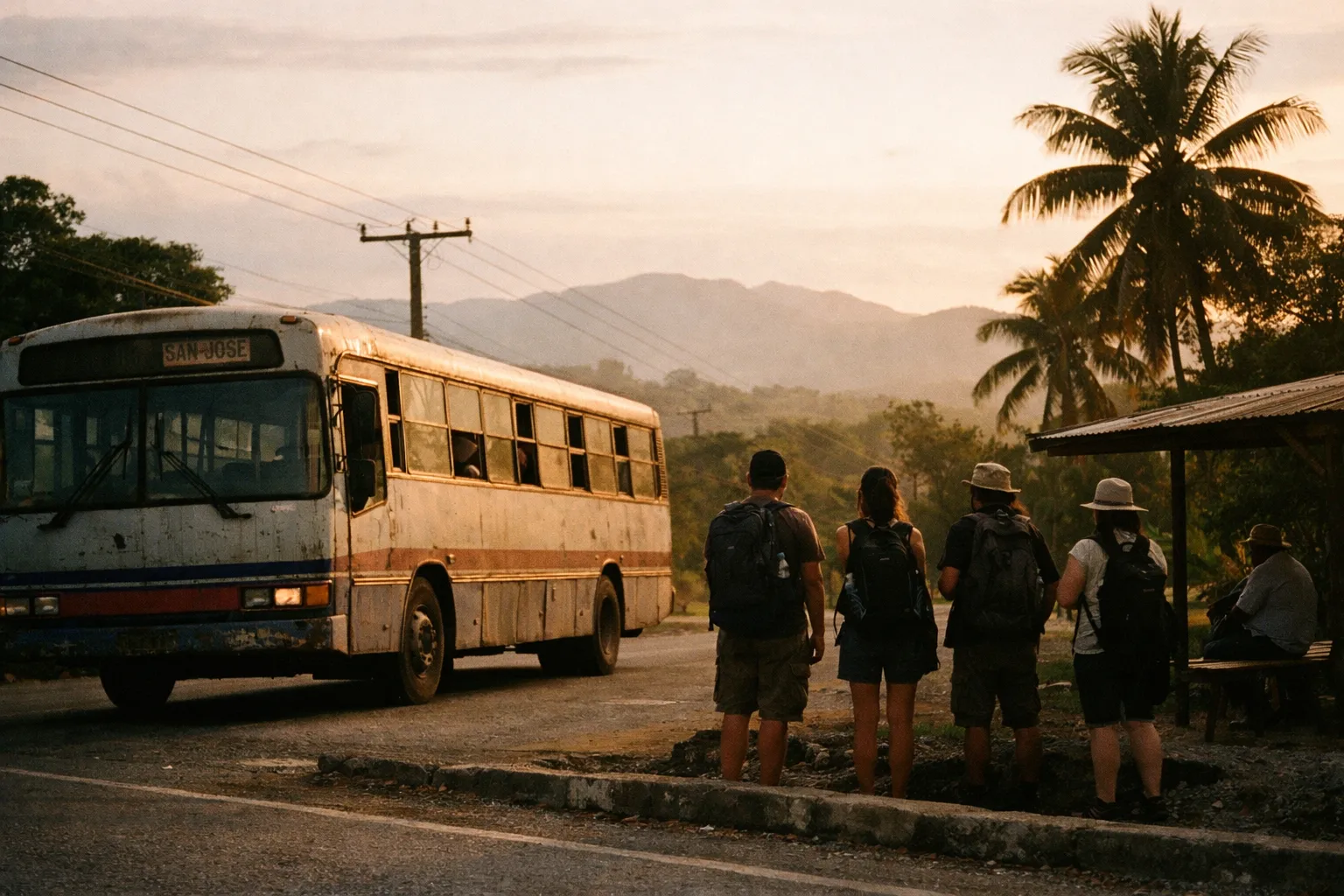 Bus at a rural Costa Rican bus stop at golden hour, back view of travelers with backpacks
