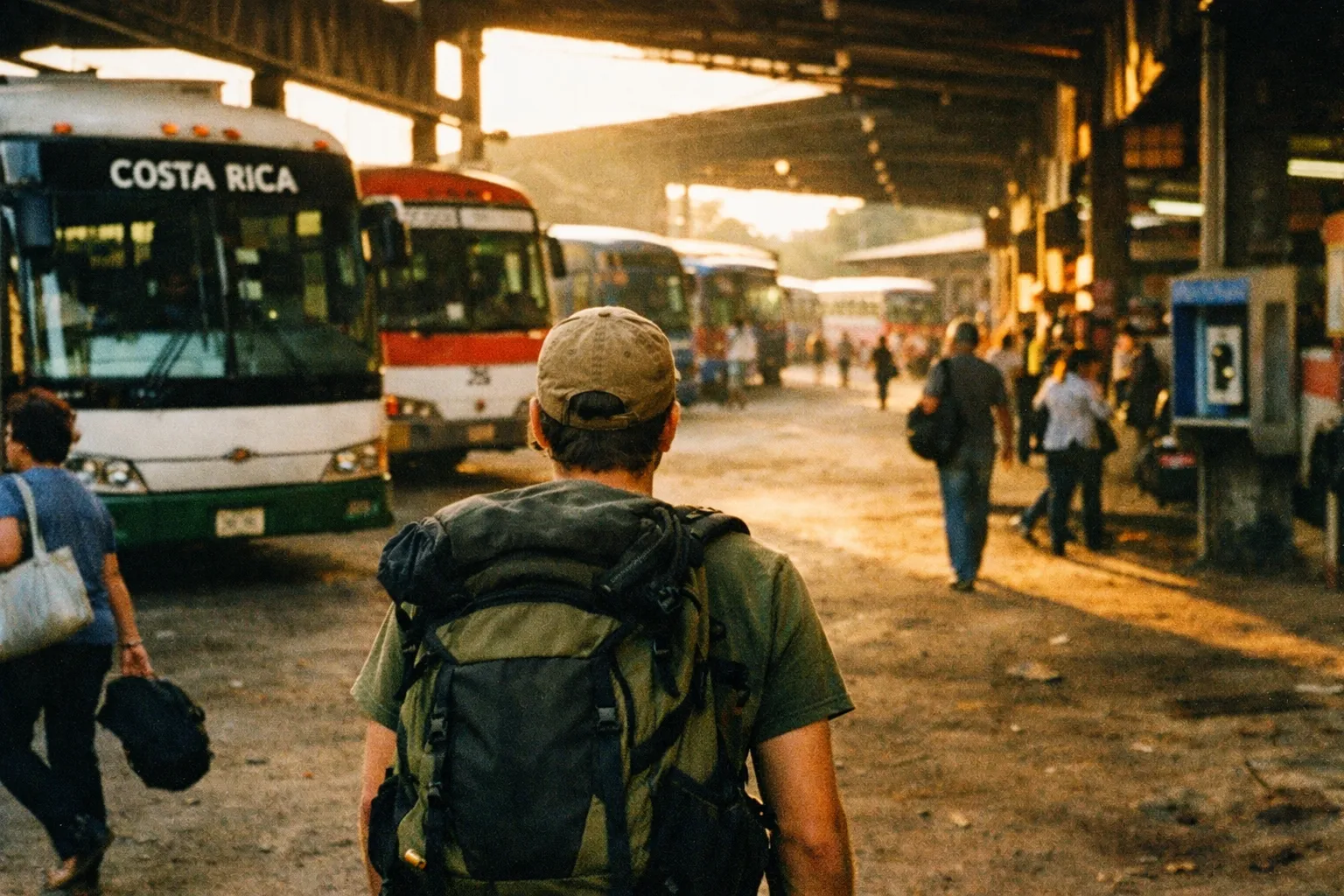 Back of traveler with a backpack at a busy Costa Rica bus terminal