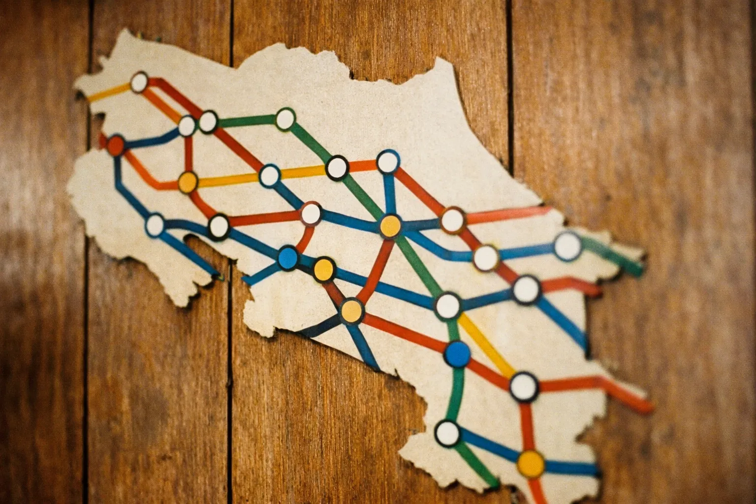 Abstract wall map with colored route lines and nodes, no legible text
