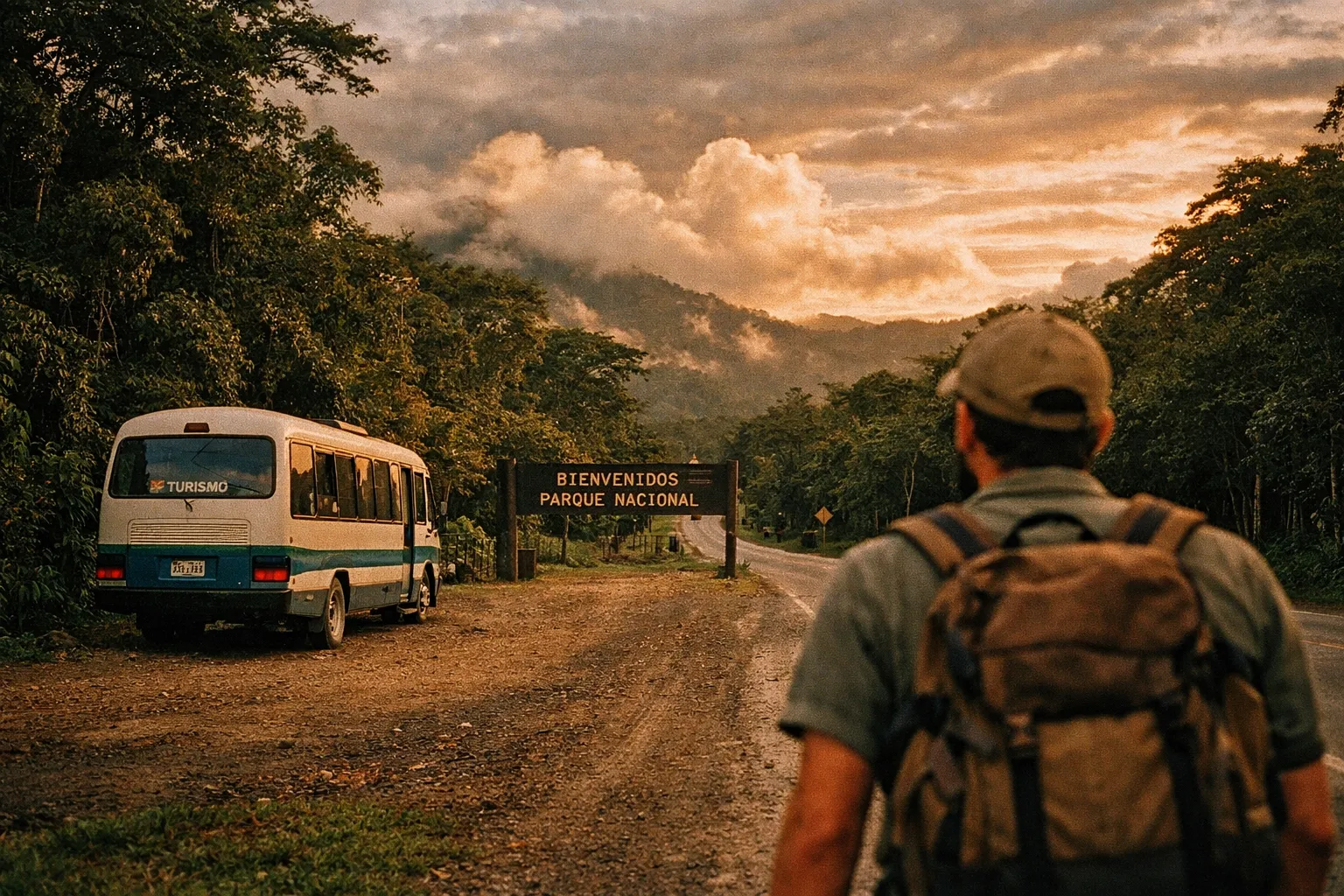 Public bus near a Costa Rican national park entrance, back of traveler with backpack with lush forest backdrop