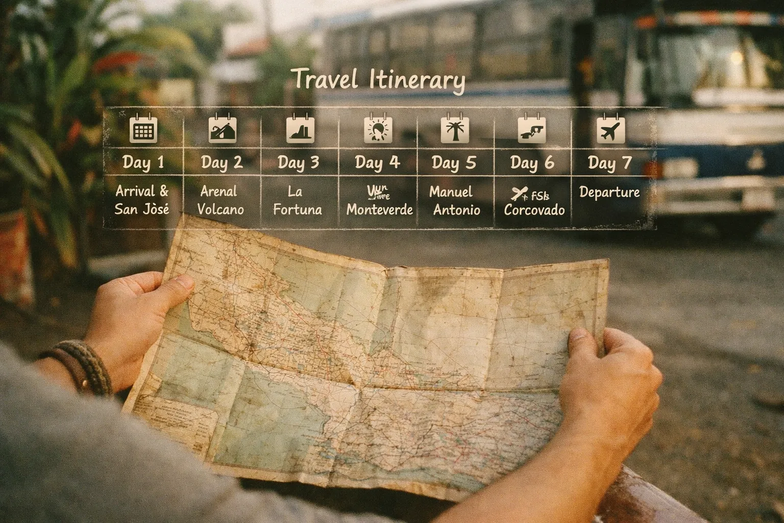 Hands unfold a worn map at a roadside Costa Rican station with calendar-style icons suggesting a 7-day plan; tropical plants in background