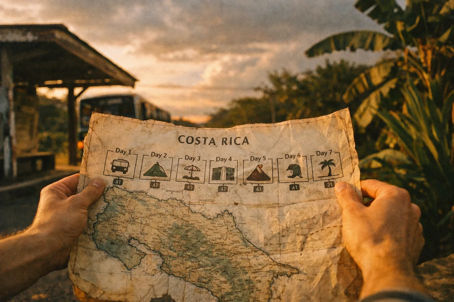A person holds a Costa Rica travel map at a rural bus stop with a bus and tropical plants in the background.