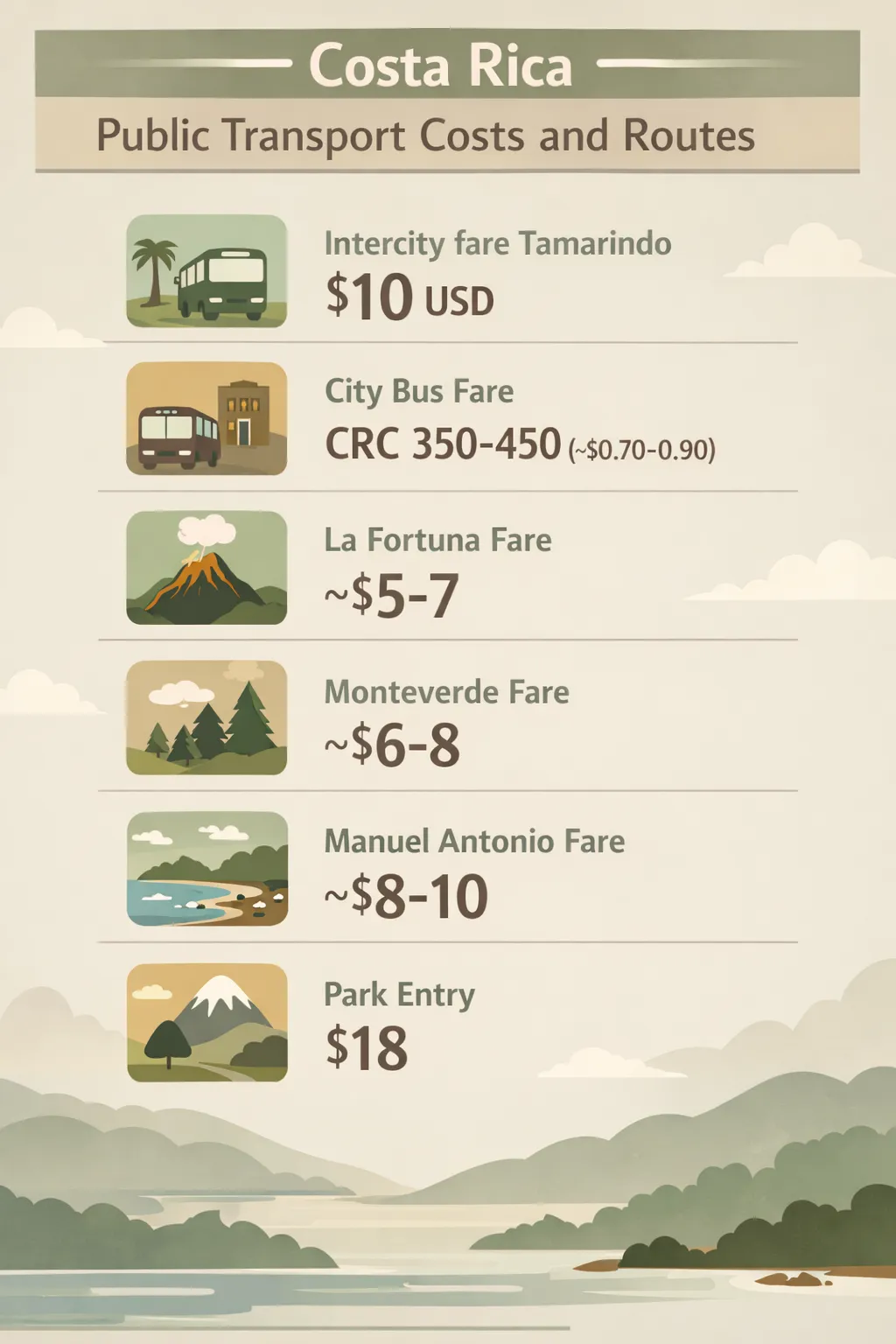 Infographic outline showing intercity fares Tamarindo 10 USD, city bus fare 350-450 CRC, La Fortuna fare 5-7 USD, Monteverde