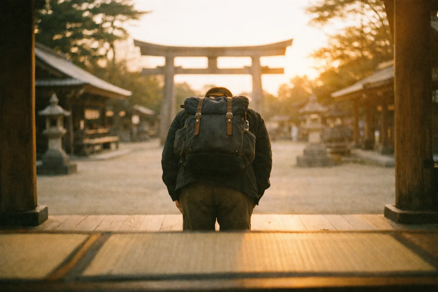 Back view of a traveler bowing in a Japanese temple courtyard at golden hour