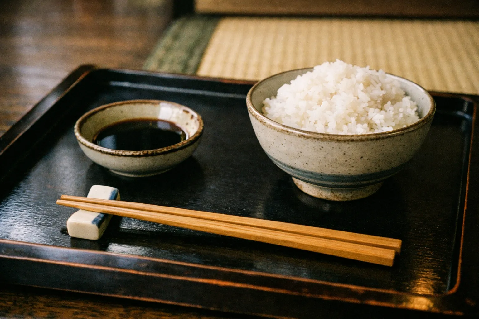 Chopsticks resting on hashioki on a traditional dining tray with small bowls