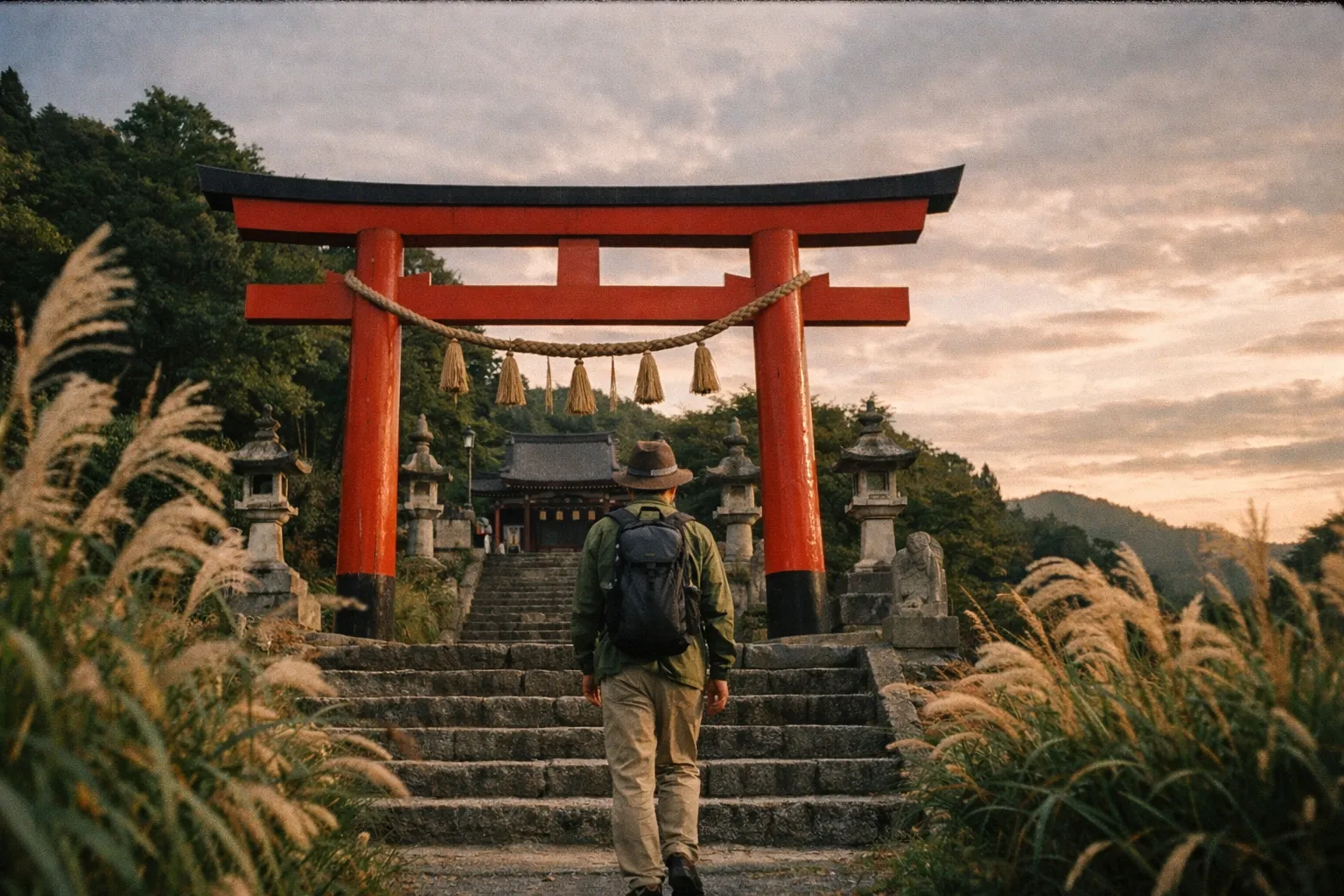 Traveler silhouette approaching a Shinto shrine torii at golden hour