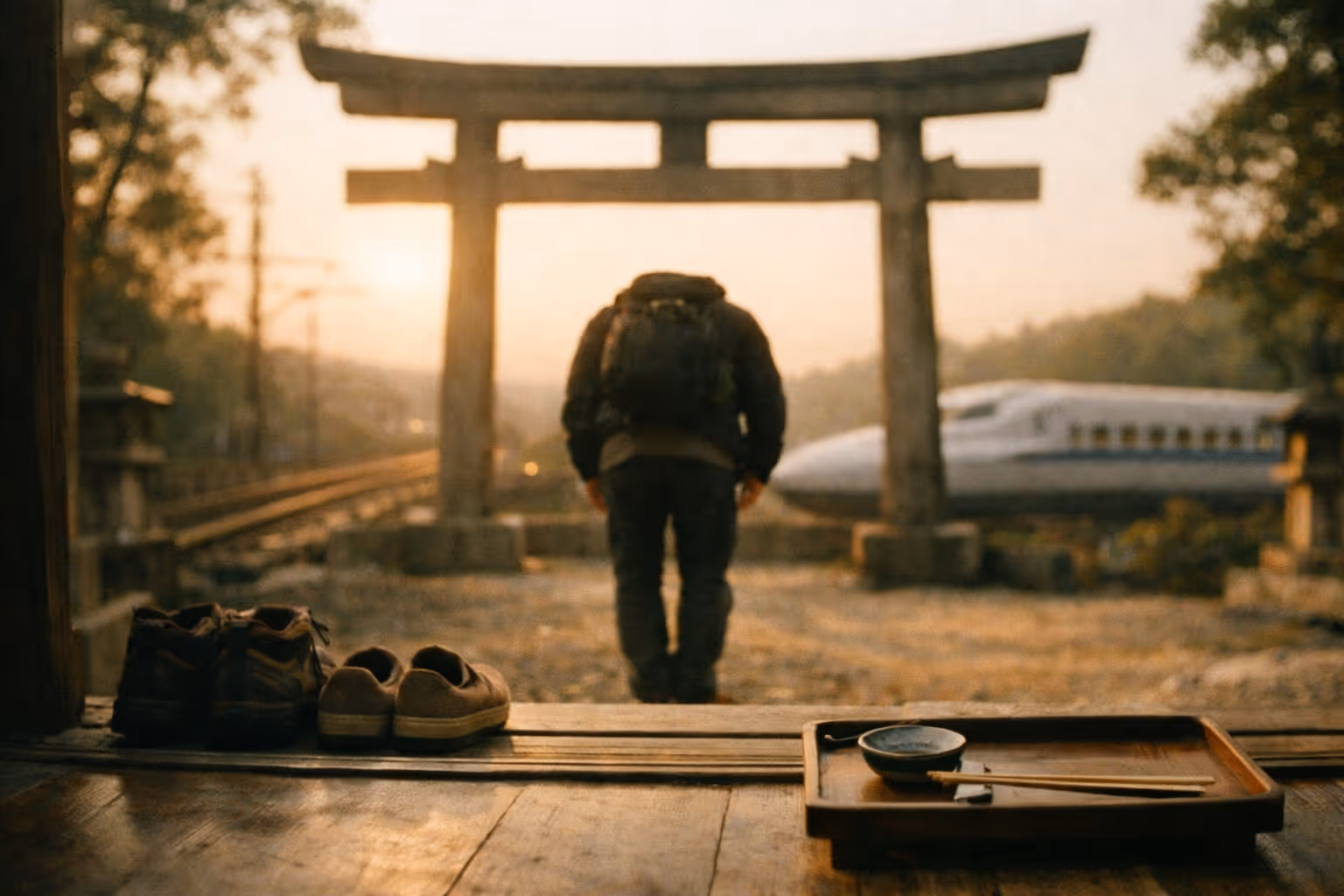 A traveler silhouette bowing at a Shinto shrine, with shoes at a genkan and a dining tray with chopsticks in the frame.