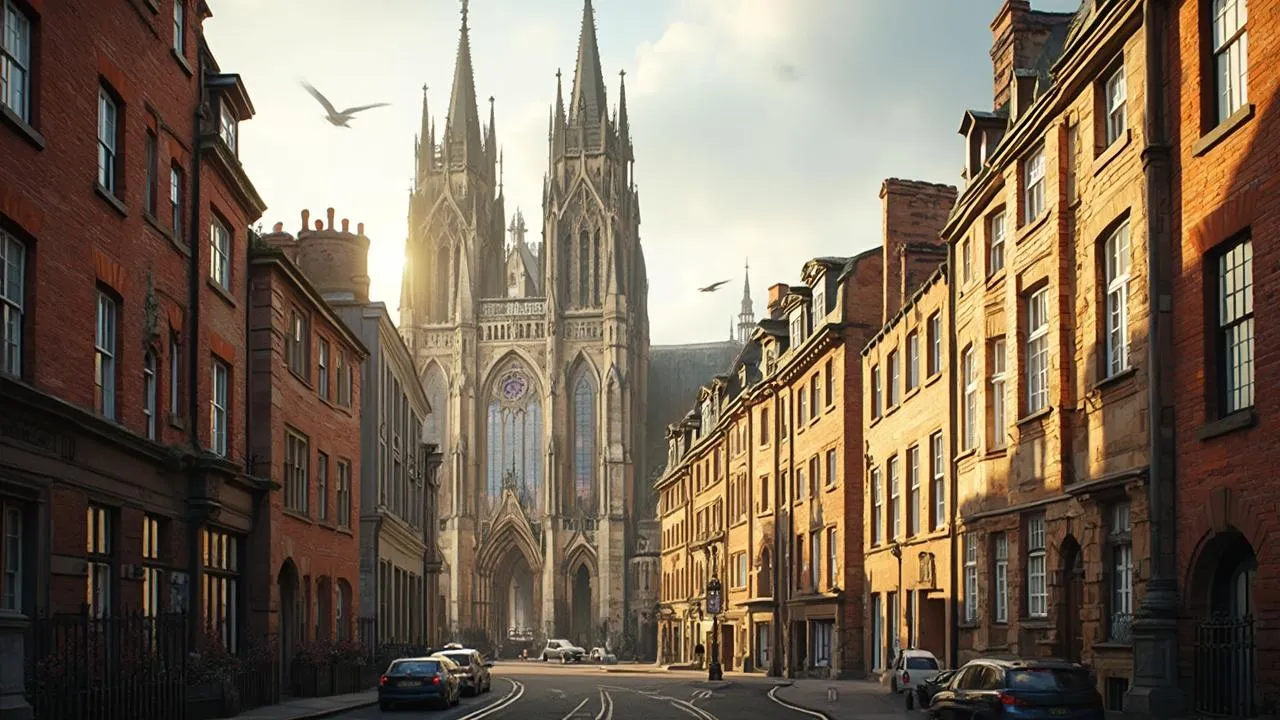 A grand gothic cathedral rises at the end of a street lined with red brick buildings and parked cars in sunlight.