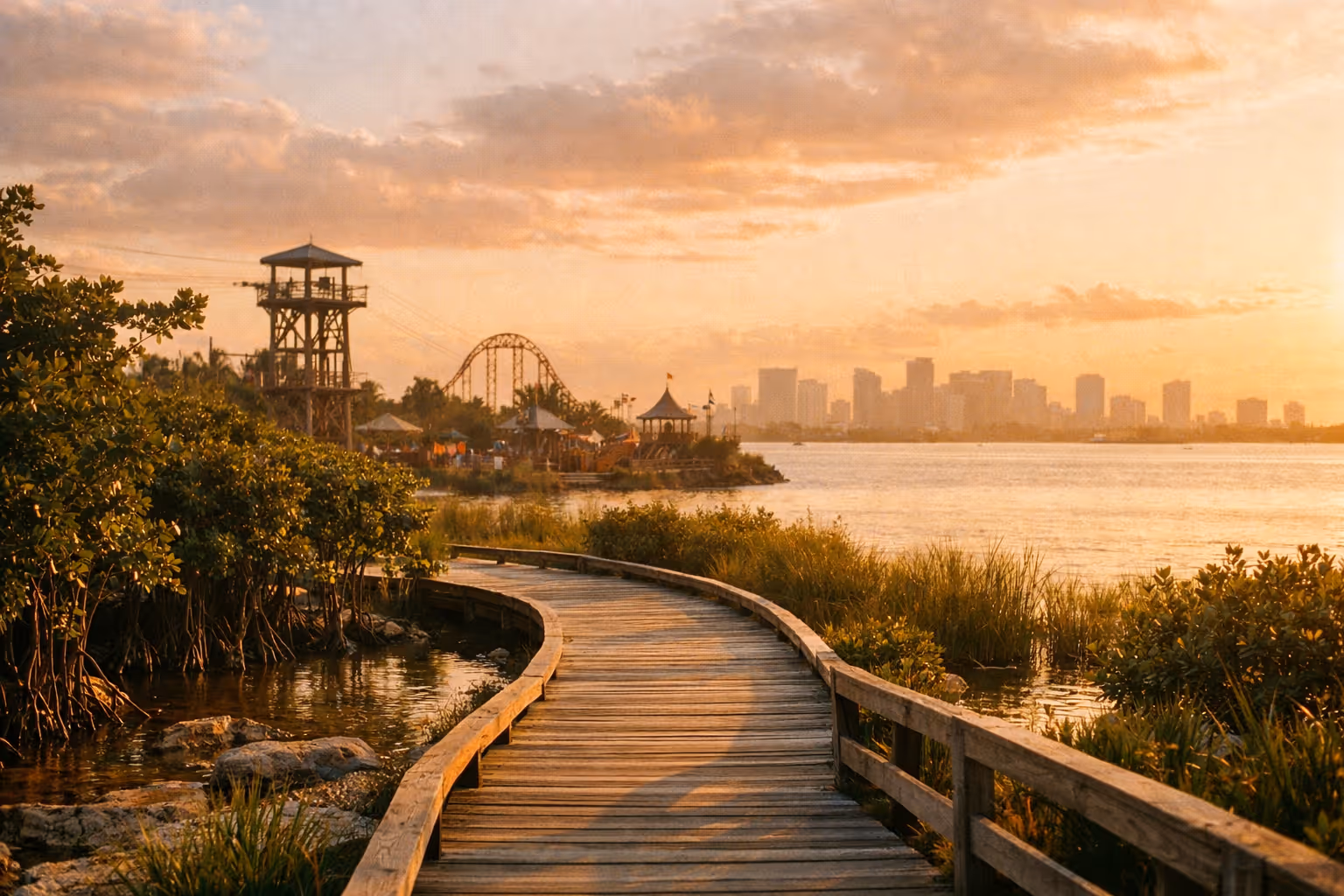 Golden-hour panorama of a South Florida park path with a distant Miami skyline and faint silhouettes of thrill rides.