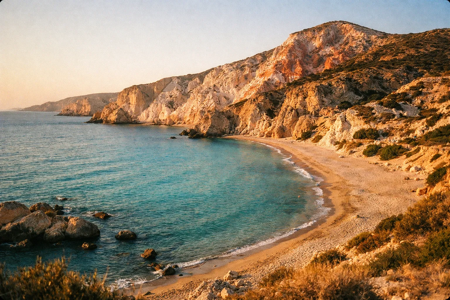 A sandy beach curves along turquoise water, bordered by rocky white and orange cliffs on Milos island, Greece.