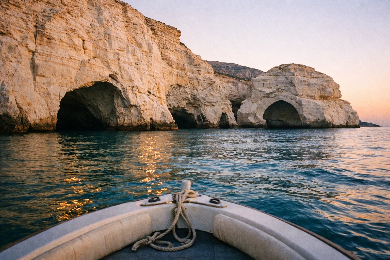 The bow of a boat approaches white sea caves along the rocky coast of Milos, Greece at sunset.