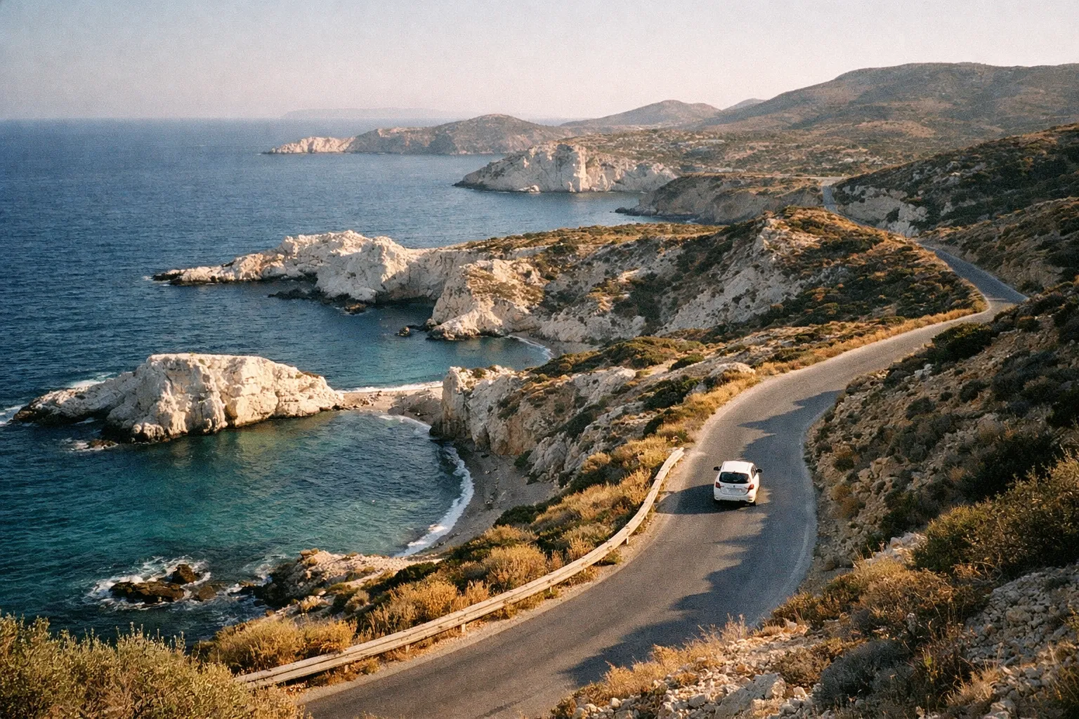 A car drives along a winding coastal road above the rocky white cliffs and blue waters of Milos, Greece.