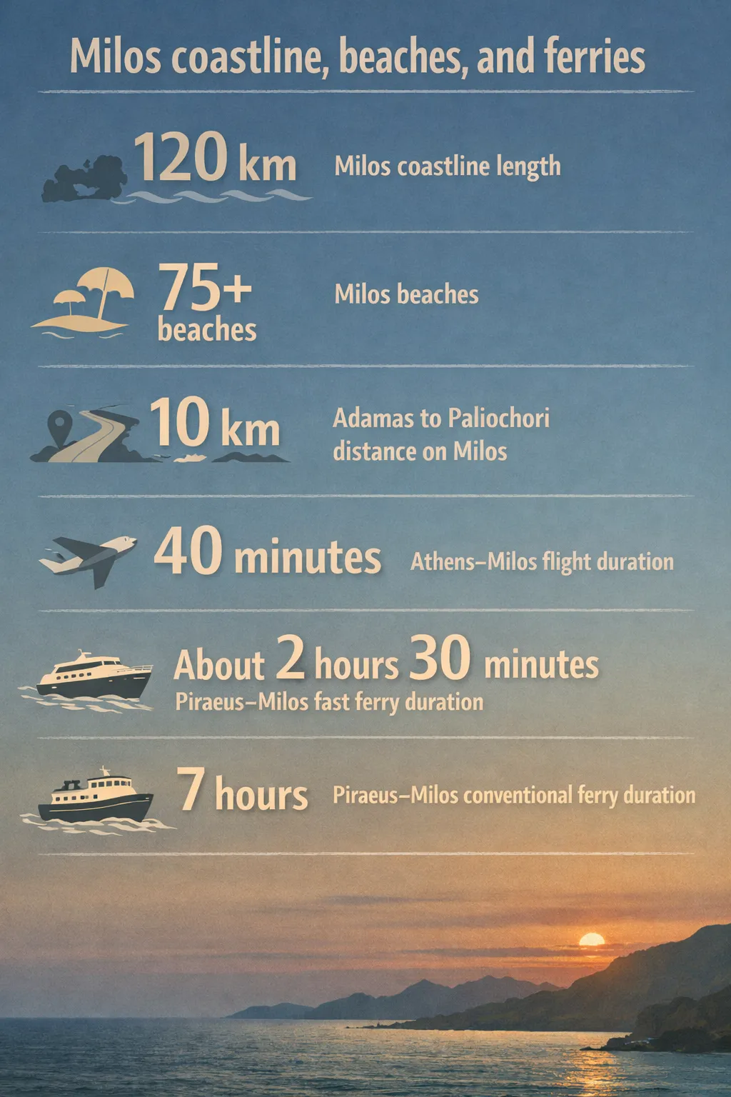 Milos coastline length 120 km and 75-plus beaches, with Adamas to Paliochori distance roughly 10 km, Athens-Milos flight 40