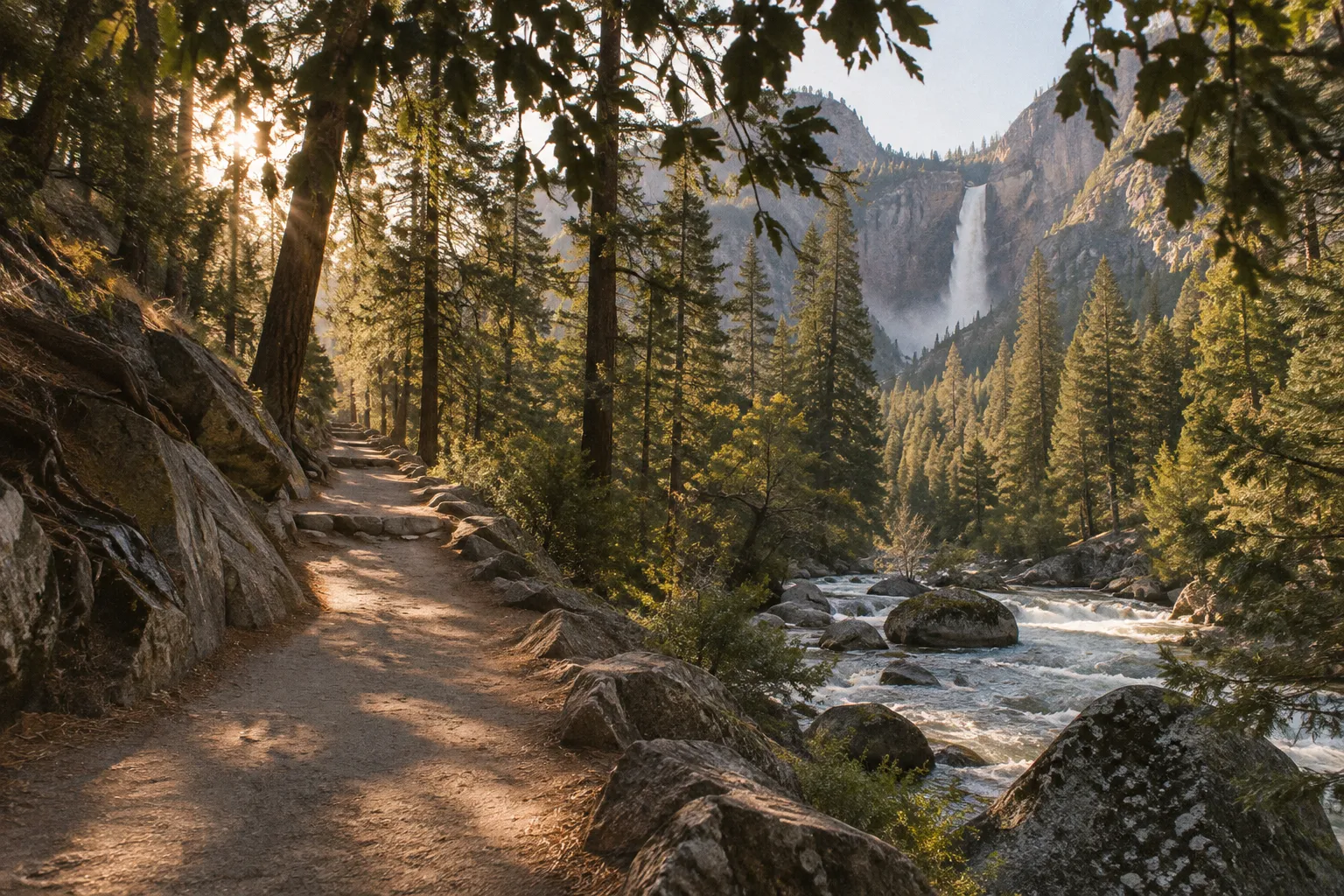 A forest trail follows a rocky river toward a waterfall in Yosemite Valley.