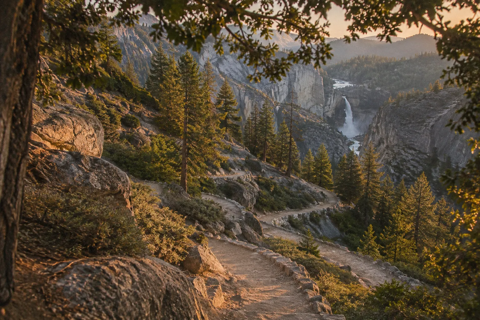 A rocky trail winds through Yosemite pines toward Nevada Fall.