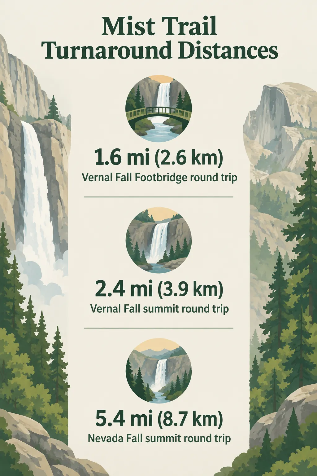 Round-trip distances for three Mist Trail turnarounds: Vernal Fall Footbridge, 1.6 miles (2.6 kilometers)