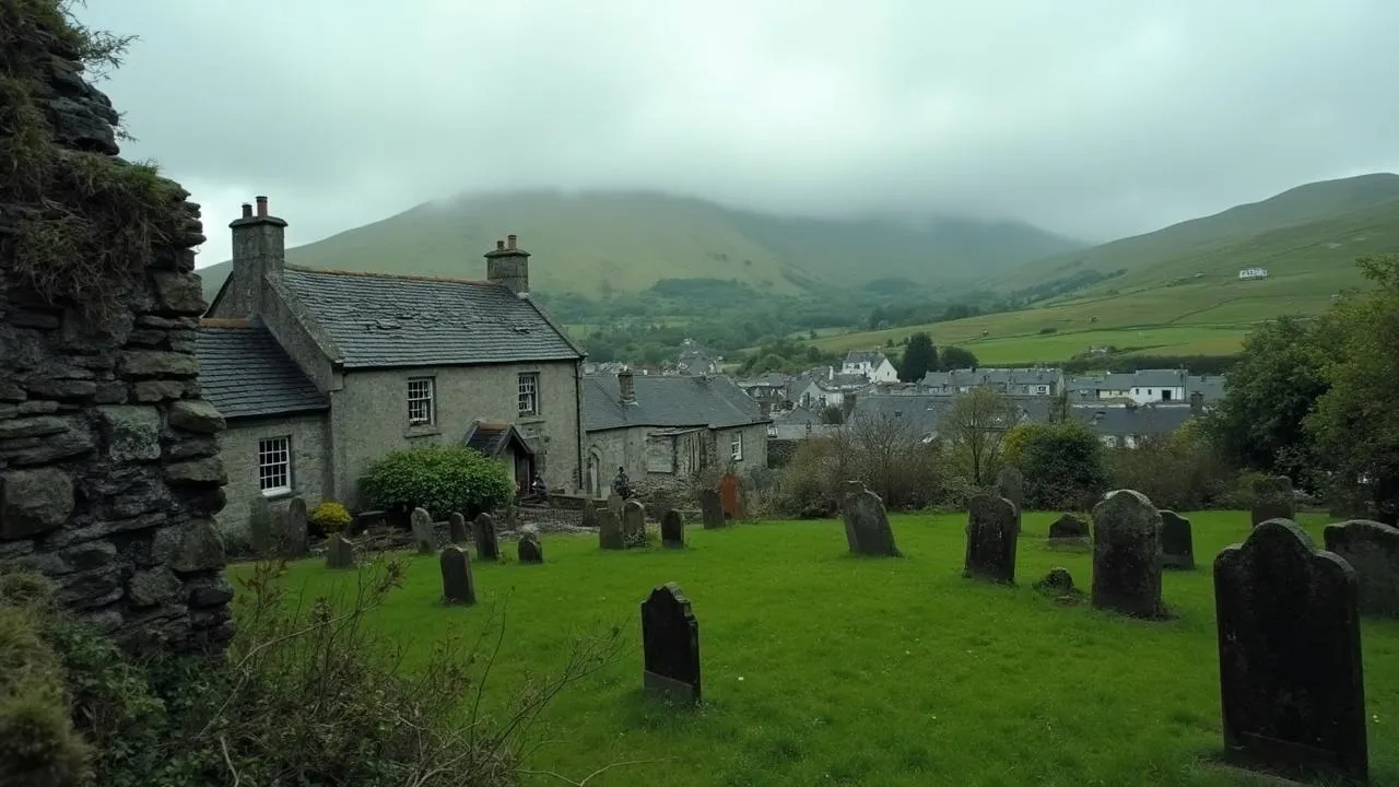 Old stone cottages and a graveyard set against misty green hills in a rural village.