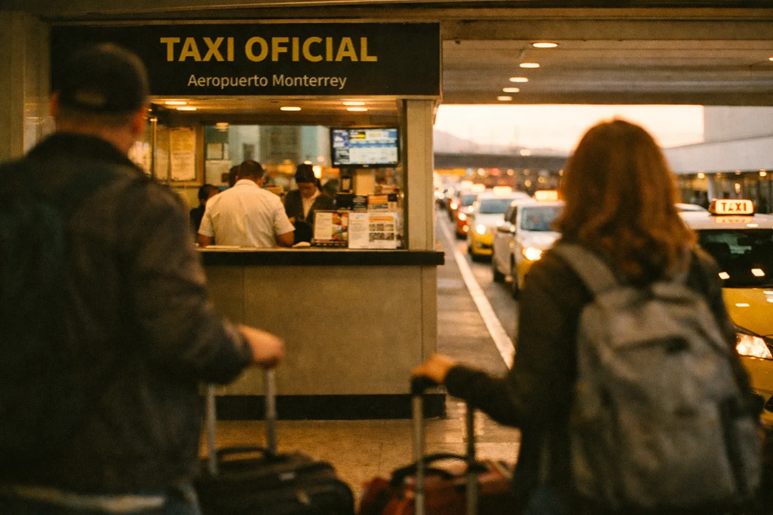 Taxi area at MTY arrivals from behind with luggage, curbside pickup and lines of taxis