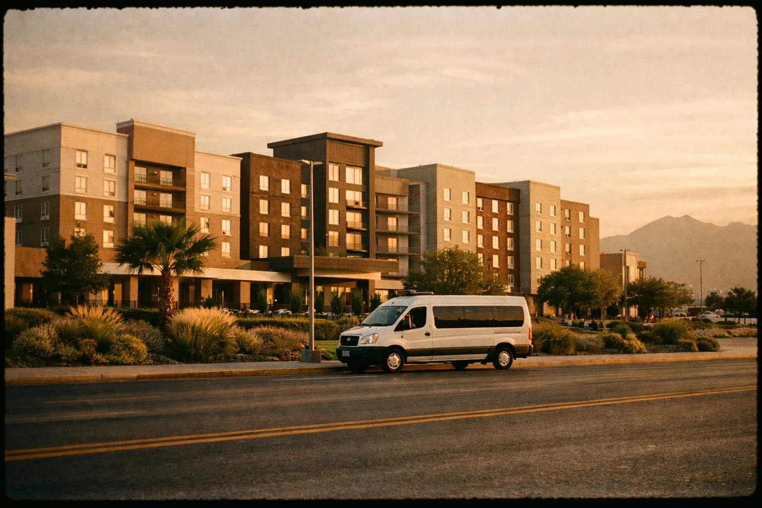 Row of modern airport-area hotels near MTY with a shuttle van at curb during golden hour