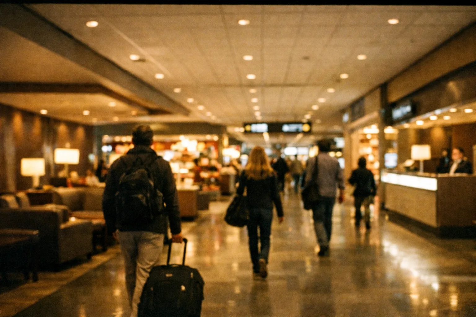 Interior MTY concourse with lounges and shops, travelers walking away from camera