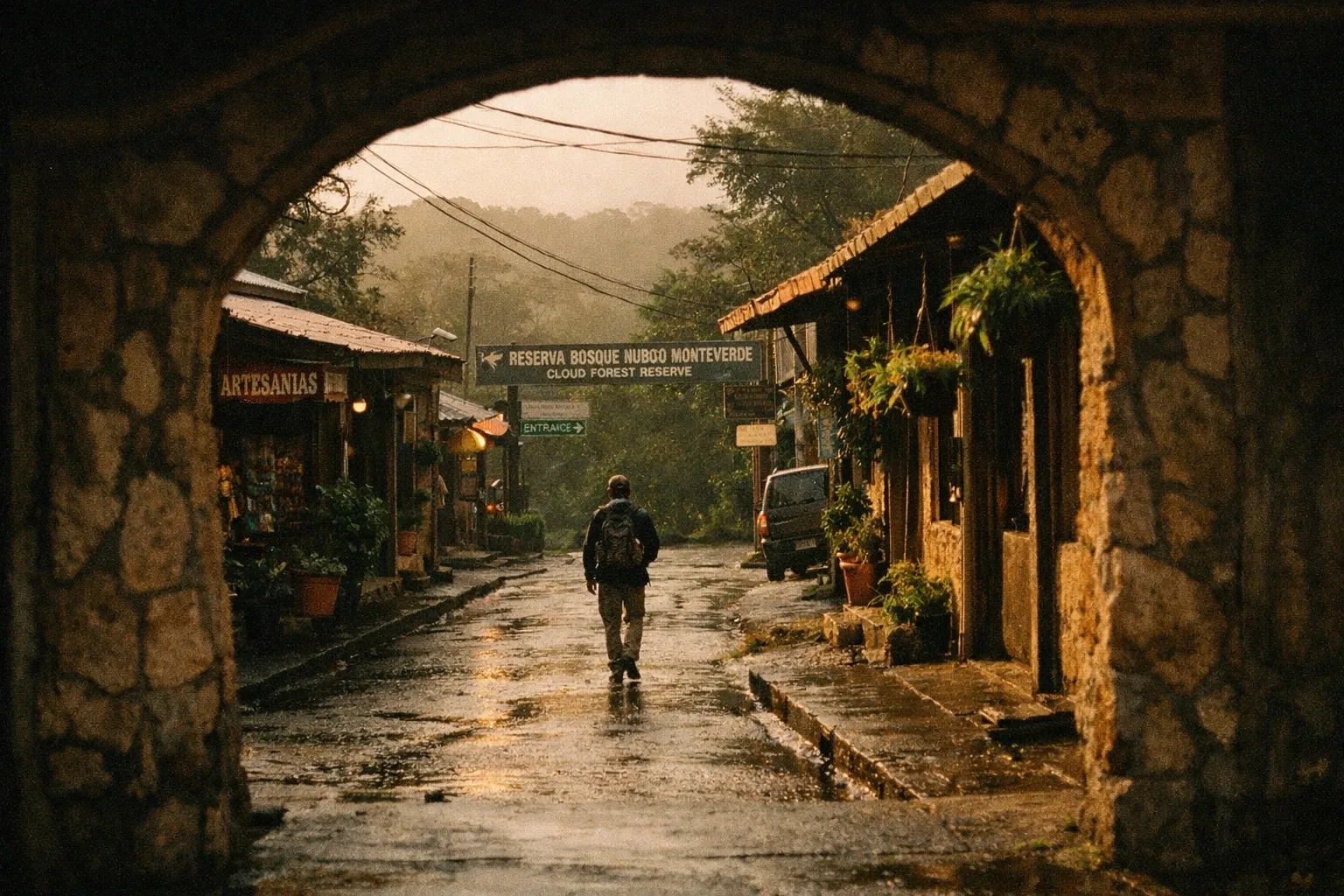 A person walks down a wet street toward the entrance of Monteverde Cloud Forest Reserve in Costa Rica.