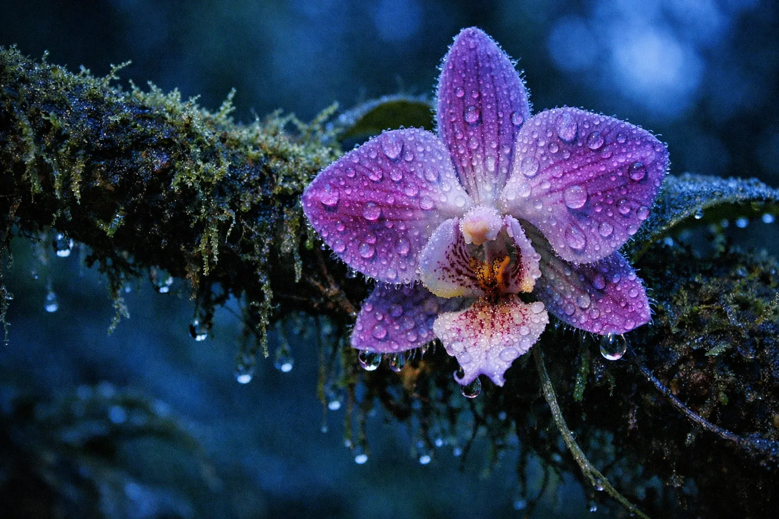 A purple orchid covered in water droplets clings to a mossy branch in a cloud forest setting.