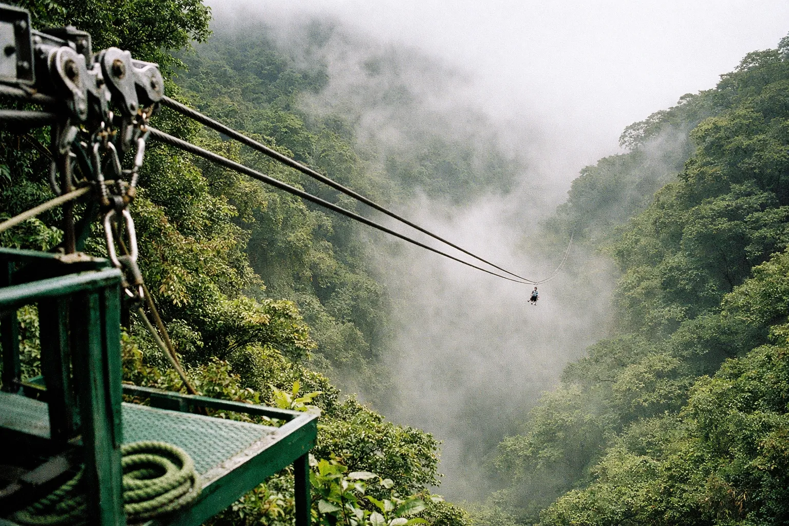 A person rides a zip line over the misty cloud forest canopy in Monteverde, Costa Rica.