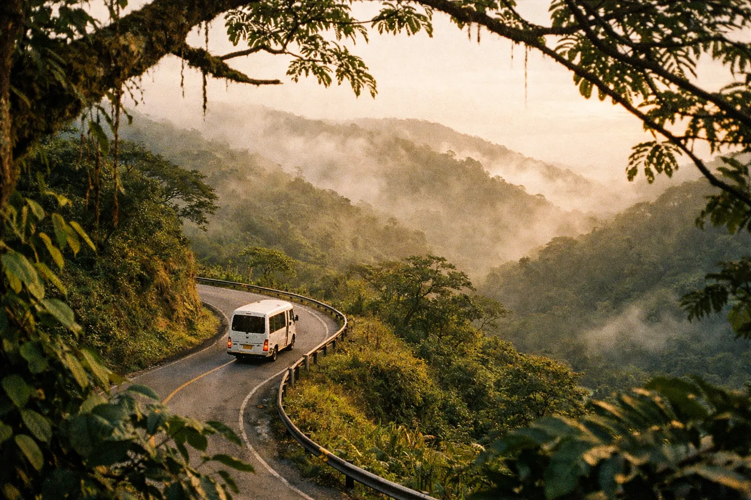 A white minibus drives along a winding road through the misty Monteverde cloud forest in Costa Rica.