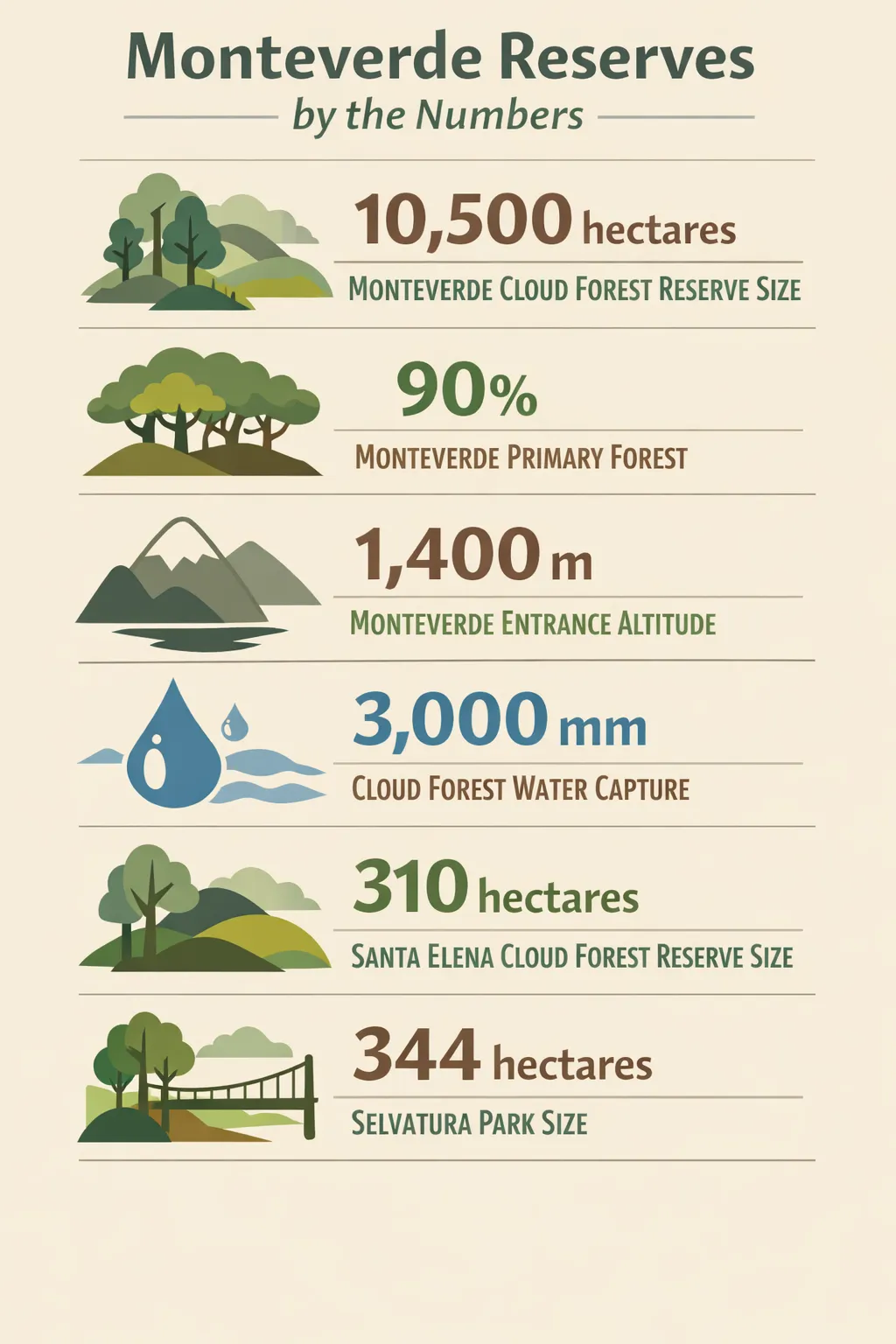 Infographic comparing Monteverde Cloud Forest Reserve, Santa Elena Cloud Forest Reserve, and Selvatura Park with key figures