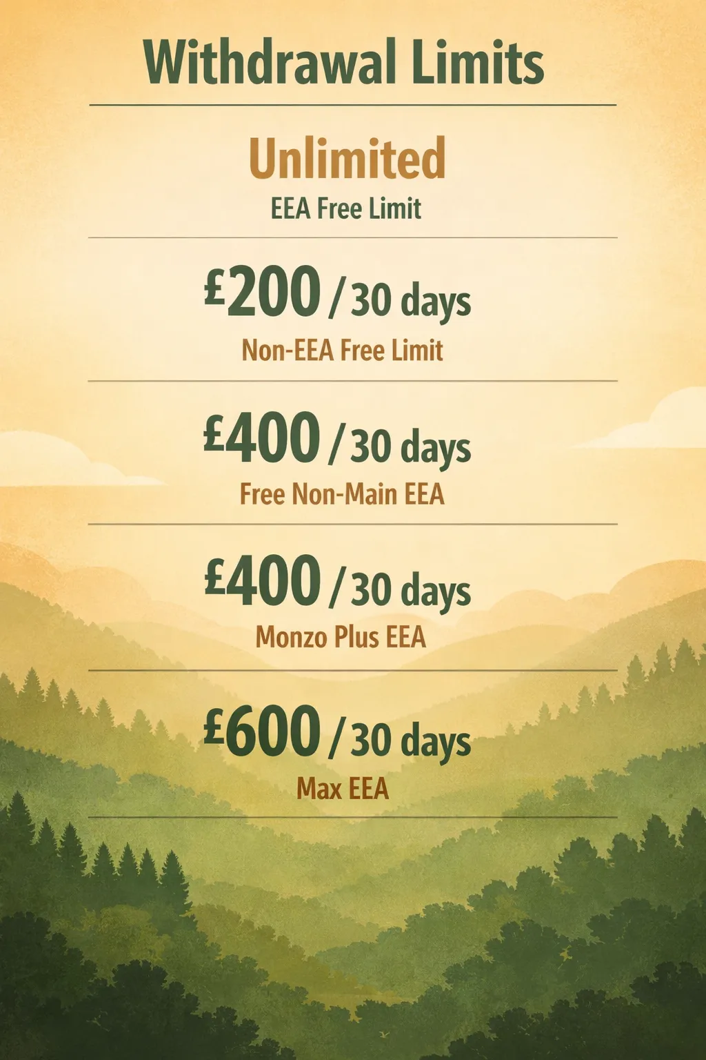 Infographic showing plan-based cash withdrawal limits: EEA unlimited; Non-EEA £200/30 days; Free non-main £400/30 days