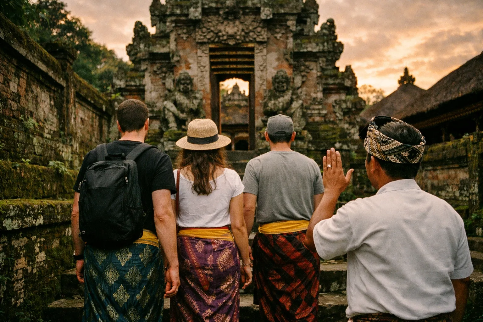 Back view of travelers in Balinese sarongs approaching a temple gate; a local guide gestures from behind, warm golden hour light on ancient stone