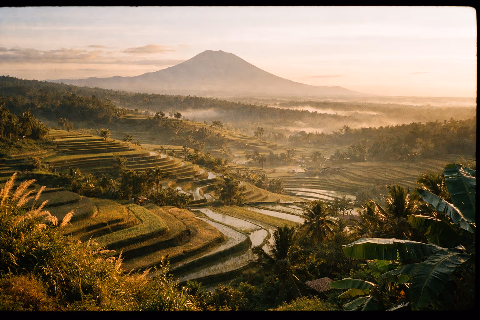 Golden-hour panorama of Bali’s rice terraces with distant volcano