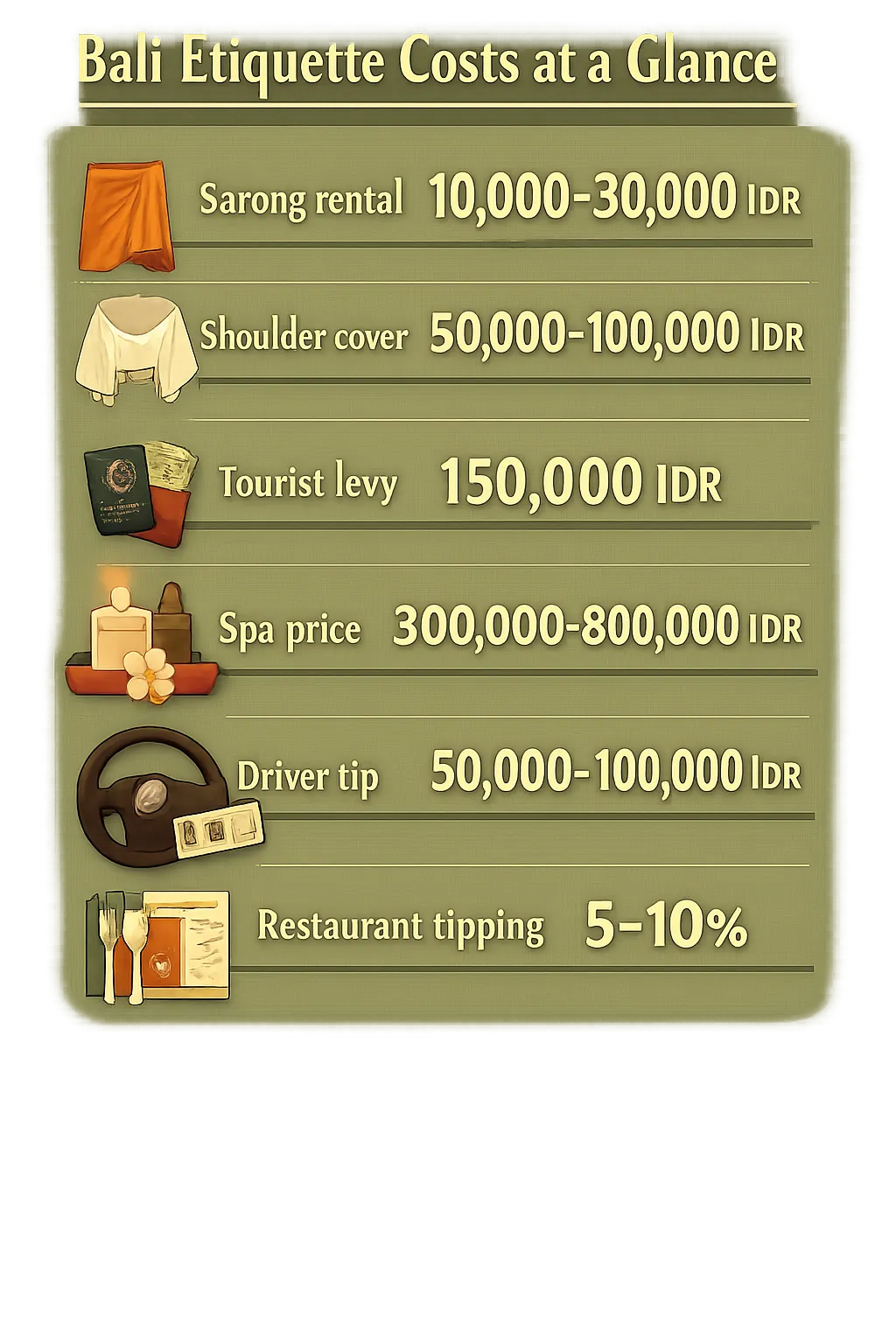 Key Bali etiquette costs: sarong rental 10k-30k IDR, cover 50k-100k IDR, tourist levy 150k IDR, spa 300k-800k IDR, driver