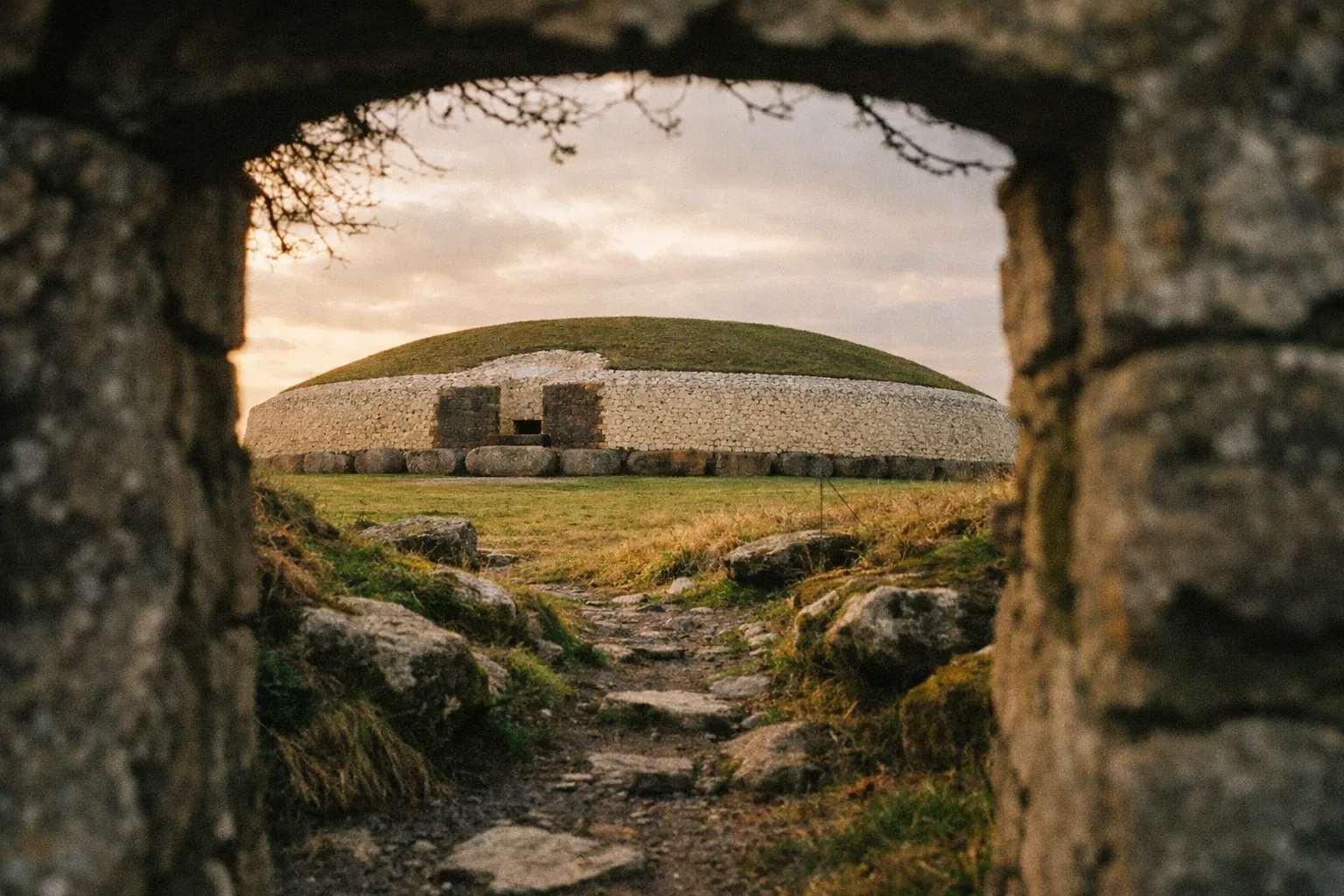 View of the Newgrange passage tomb surrounded by grass and stones in the Boyne Valley, Ireland.