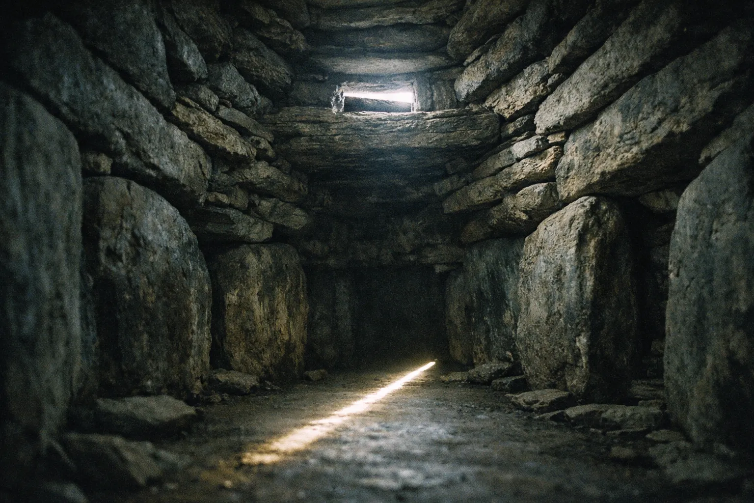 Sunlight enters the stone passage tomb interior at Newgrange in the Boyne Valley, Ireland.