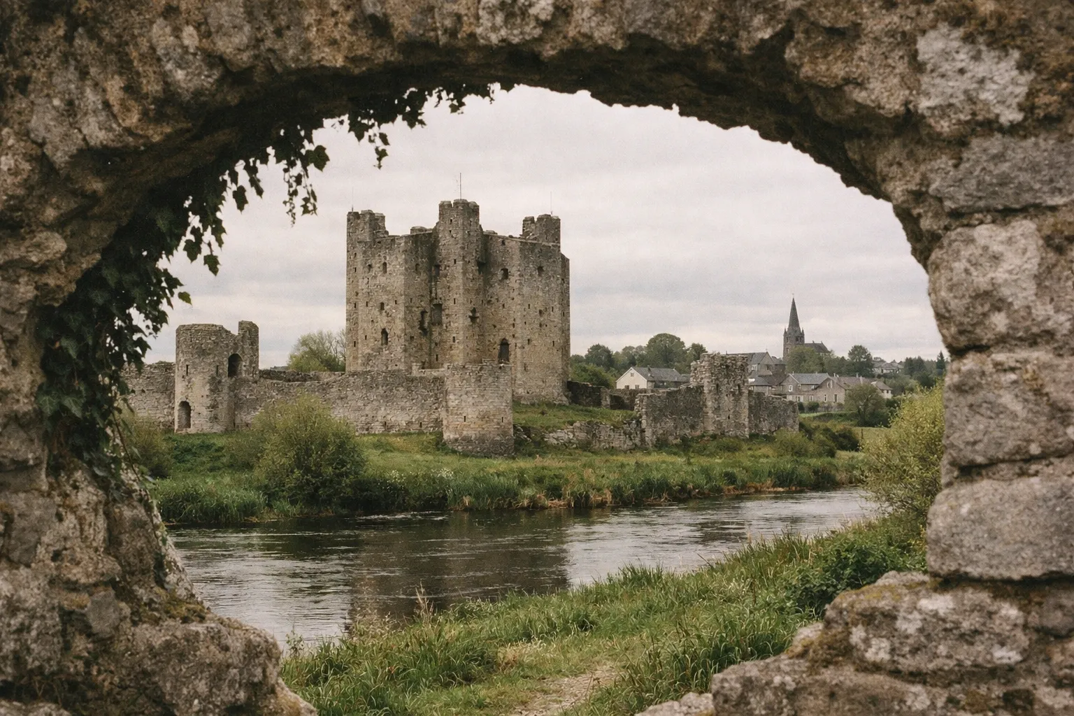 Trim Castle stands by a riverbank, framed by a stone arch, with a village and a church spire in the background.