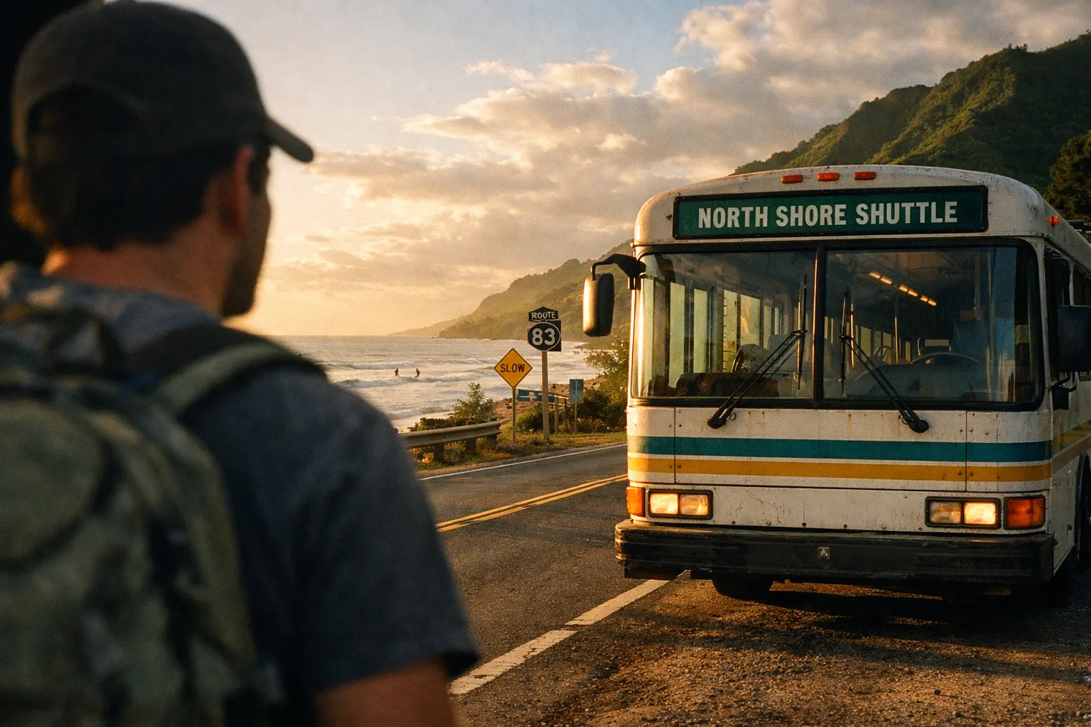 A person with a backpack waits by the North Shore Shuttle bus on a coastal road in Oahu at sunset.