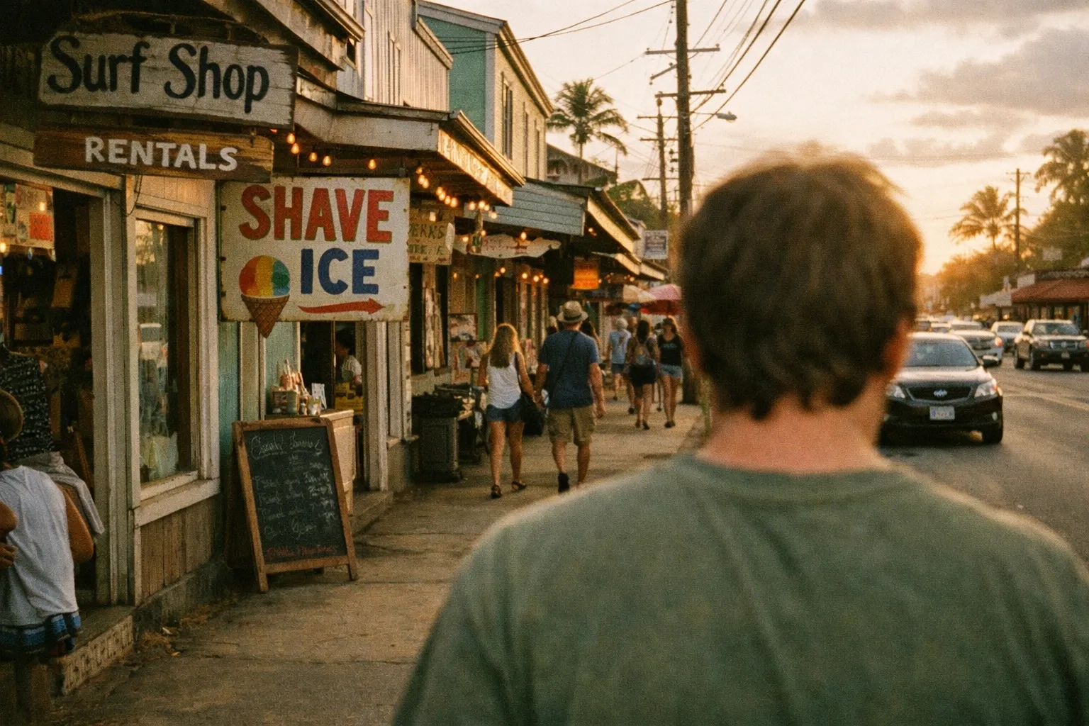 People walk along the main street of historic Haleiwa town on Oahu's North Shore at sunset.